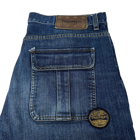 TRIUMPH MOTORCYCLE Jeans Blue Gusseted Double Knee Denim Flap Pockets 36X34 - Picture 5 of 16